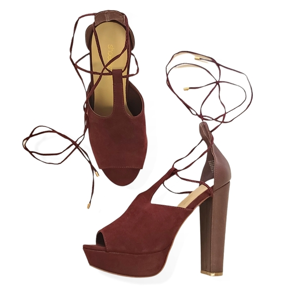 SHOE DAZZLE Marlena Maroon Peep Toe Ankle Strap Platform Heels Size 8 - Picture 4 of 16